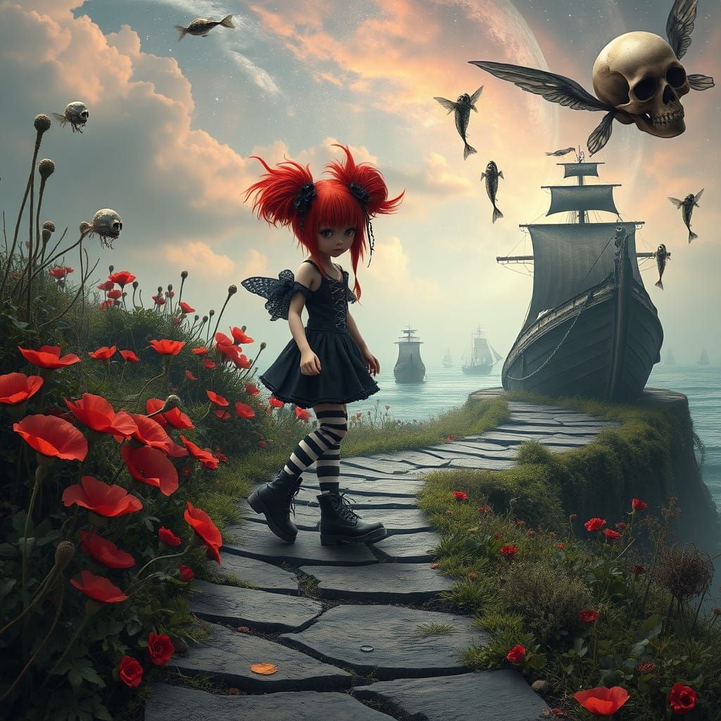Gothic Pixie Wandering Steampunk Seascape in Surrealist Wond...