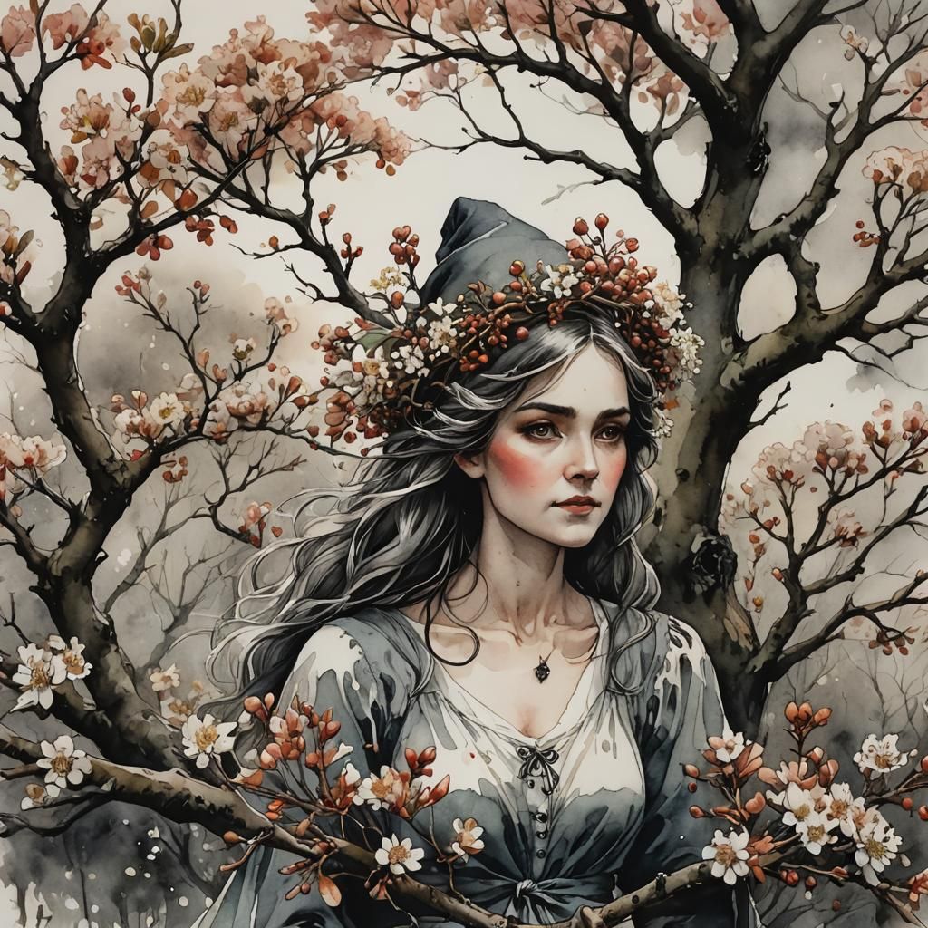 Lovely Hawthorn Witch in Cottage Garden: Charcoal and Ink