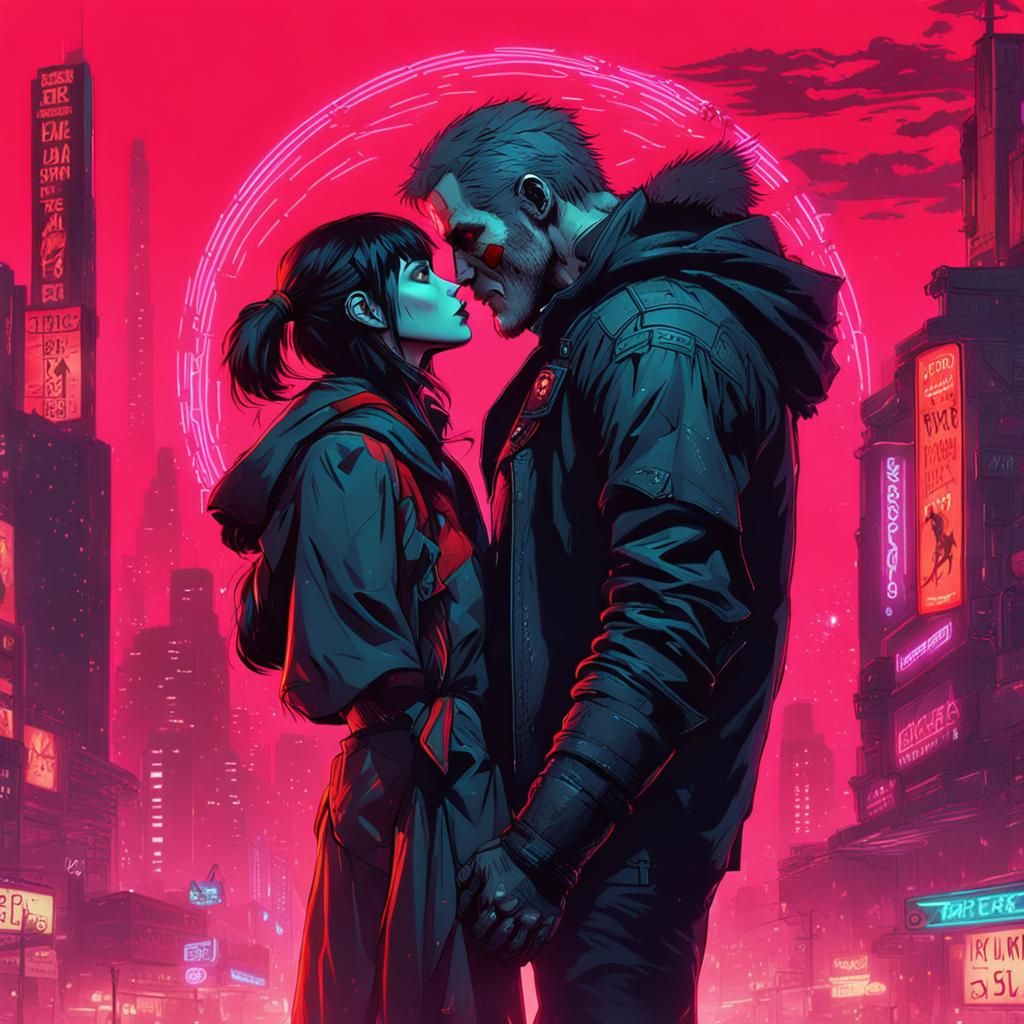 Cyberpunk Werewolf Kisses Red Riding Hood