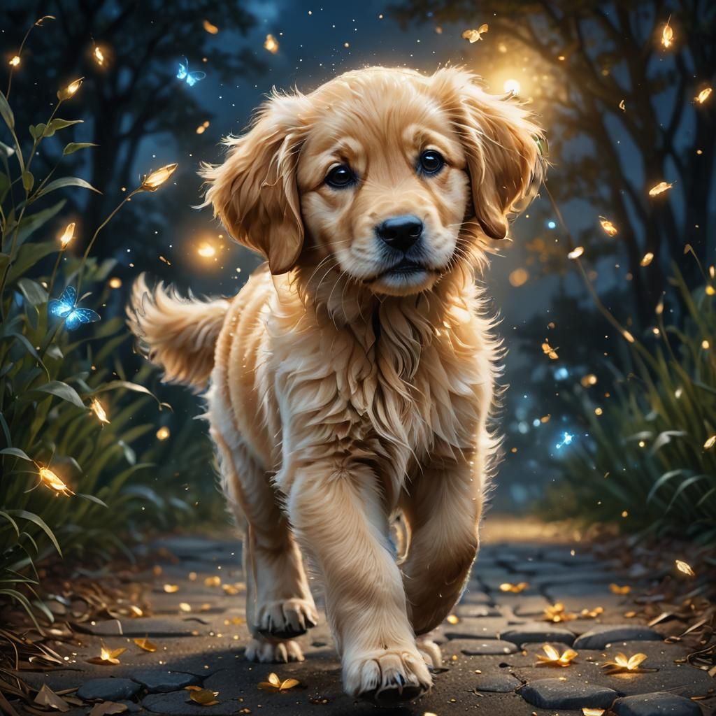 Enchanting Golden Retriever Pup in a Magical Night Scene