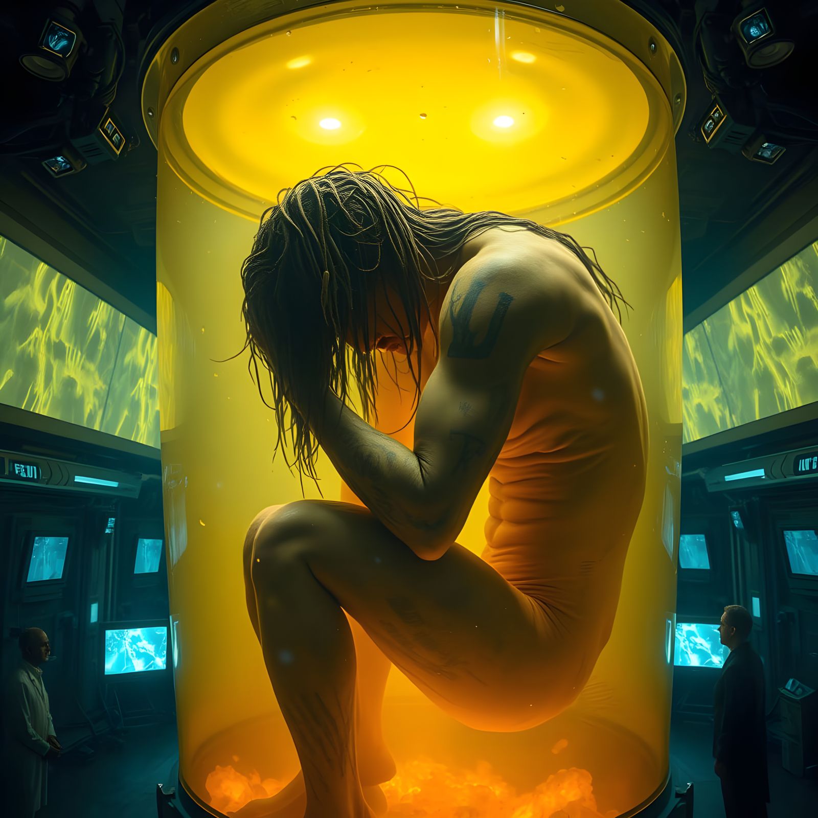 Cyberpunk Humanoid Creature Trapped in Sulfur-filled Glass C...
