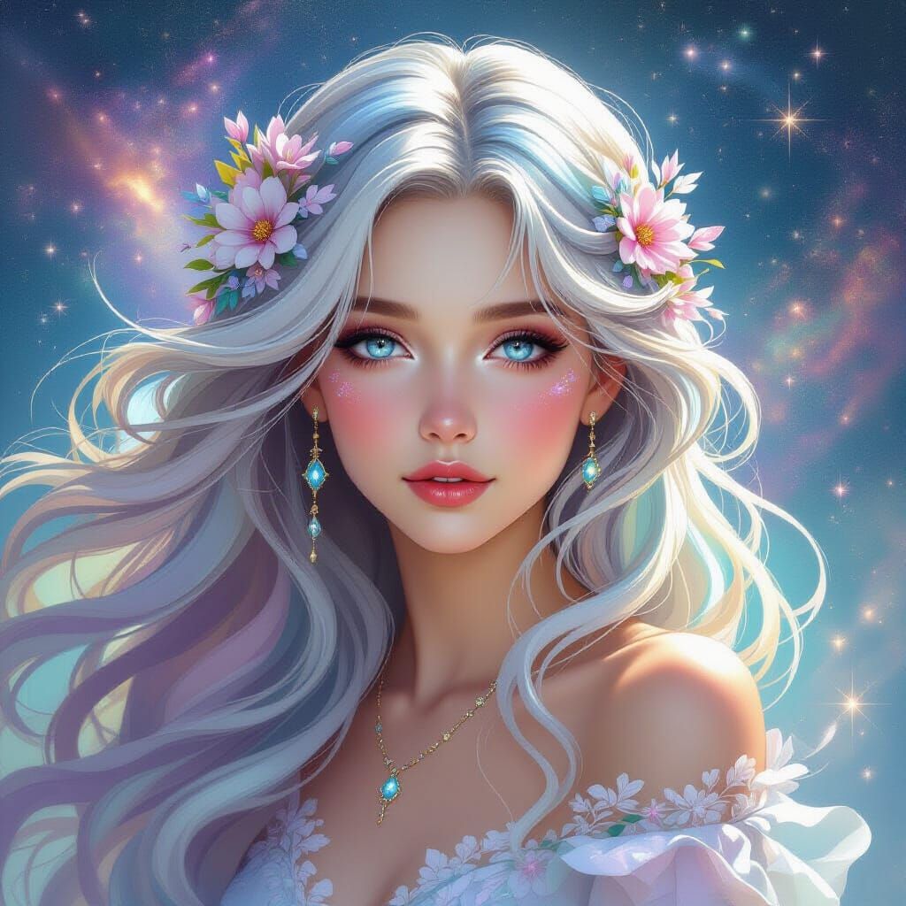 Ethereal Goddess with Iridescent Hair and Stardust