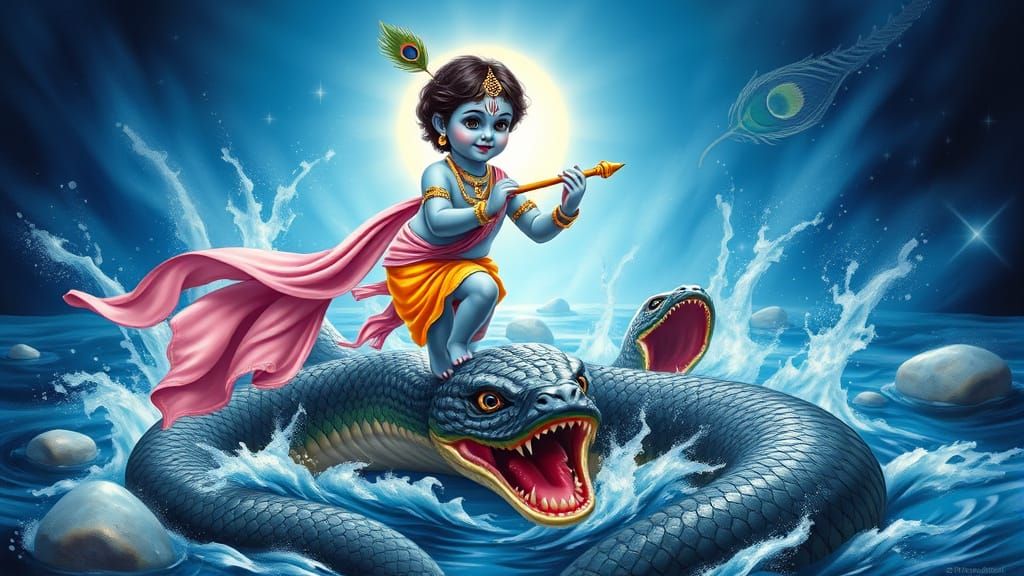 Krishna Subdues Kaliya in Radiant Illustration
