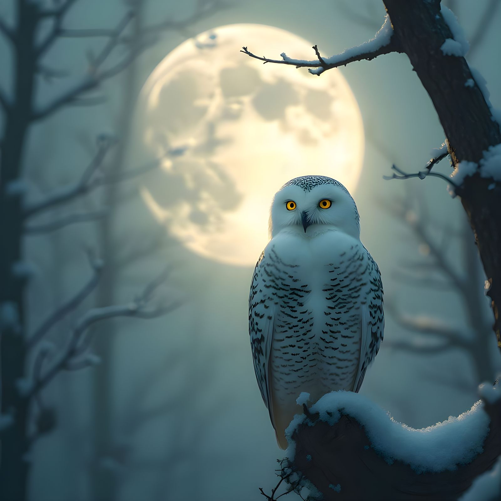 Snowy Owl Perched Under a Full Moon