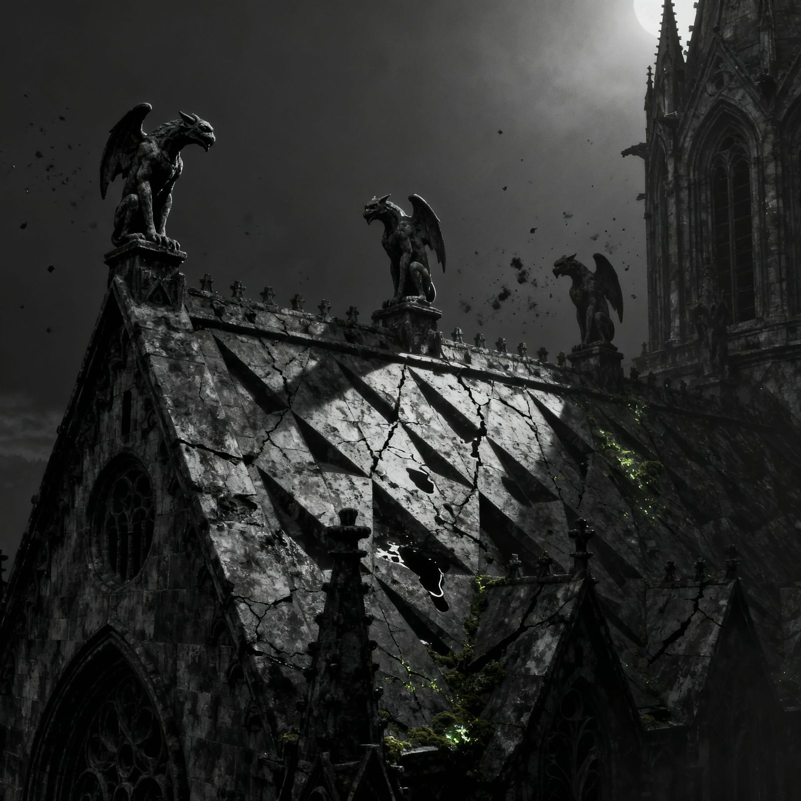 Gothic Cathedral Gargoyles in Ominous Shadows