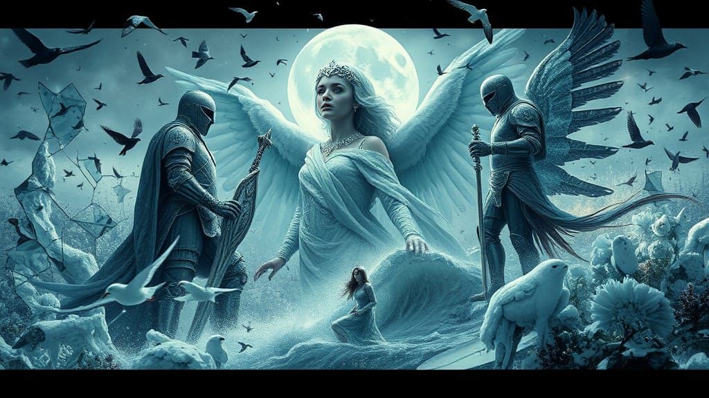 Surreal Angel Amidst Broken Mirrors in a Dreamlike Winter Ki...