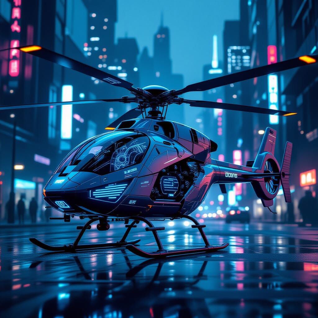 Cyborg Helicopter in Neon-Lit Futuristic Cityscape