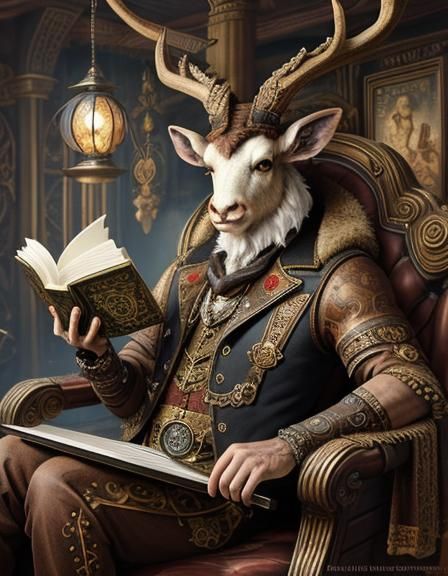 Steampunk Deer Satyr Reads in Ornate City