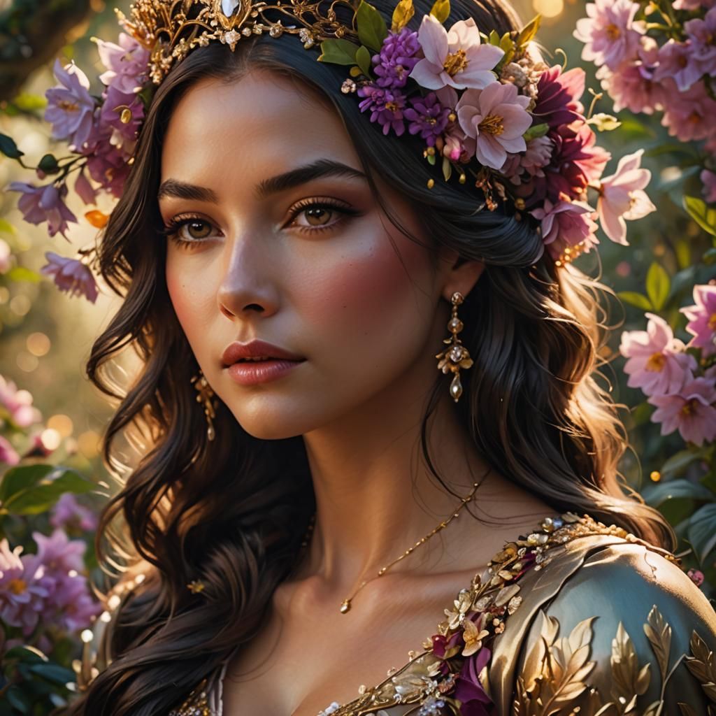 Queen Adorned in Flowers in Lush Garden