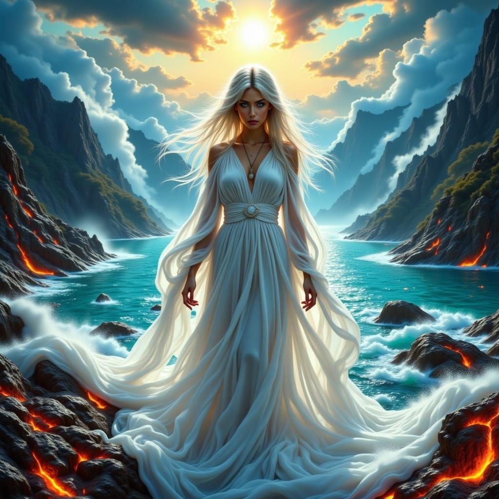 Mystical Woman in Surreal Lava Landscape