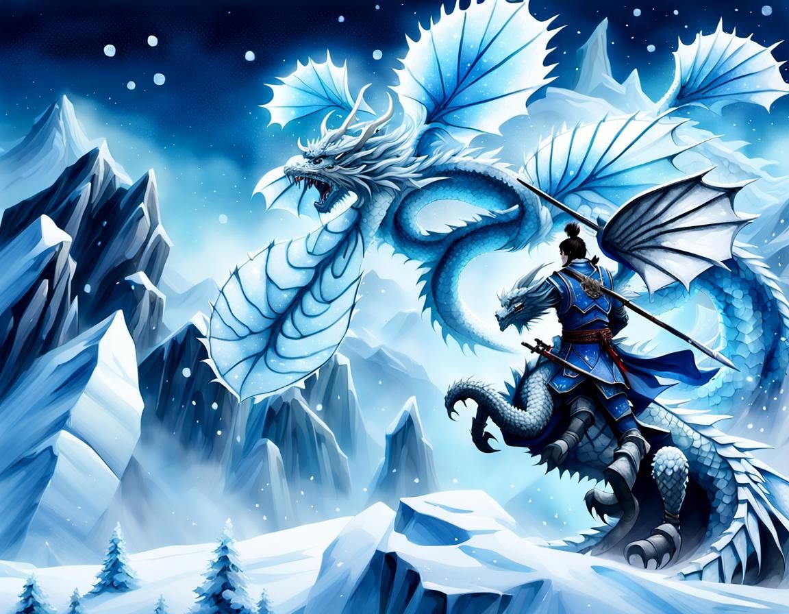 Samurai Knight on Ice Dragon in Moonlit Snow