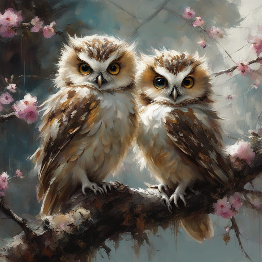 Cute Baby Owls on Blossoming Tree in Whimsical Fine Art Styl...