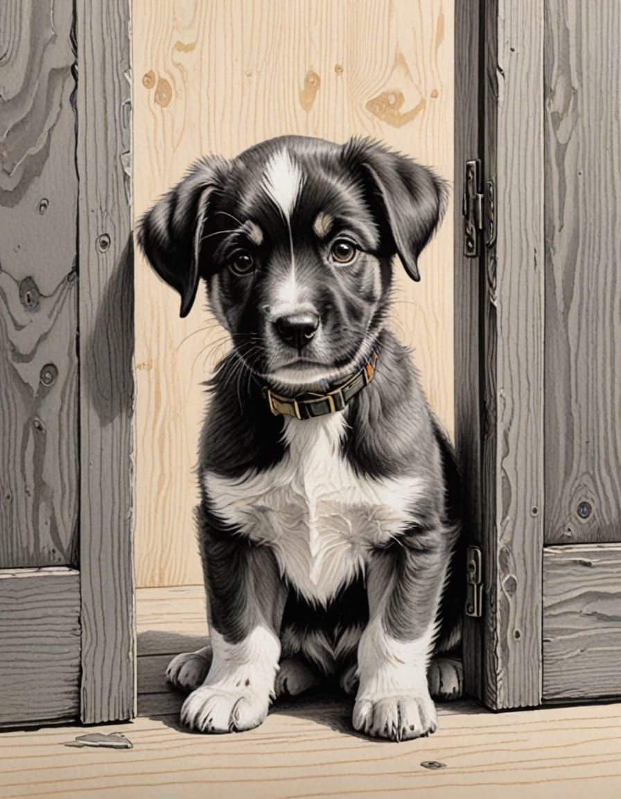 Detailed Pencil Sketch of Puppy Peeking Through Door