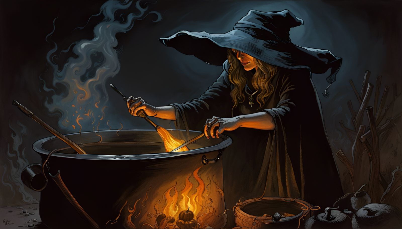 Terrifying Witch Stirring Pot in Ominous Light