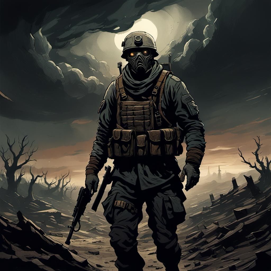 Post-Apocalyptic Soldier in a Desolate Wasteland