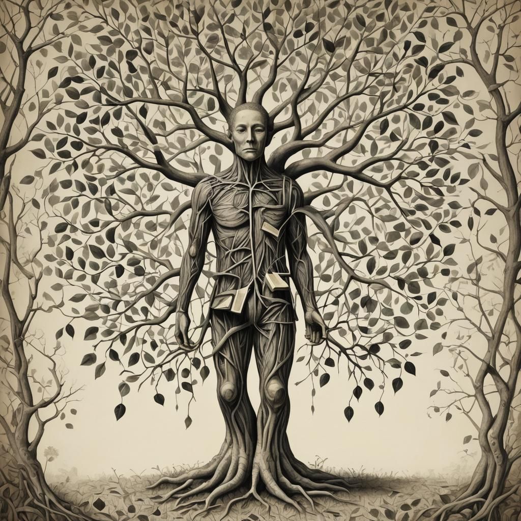 Surreal Humanoid Tree with Book Leaves