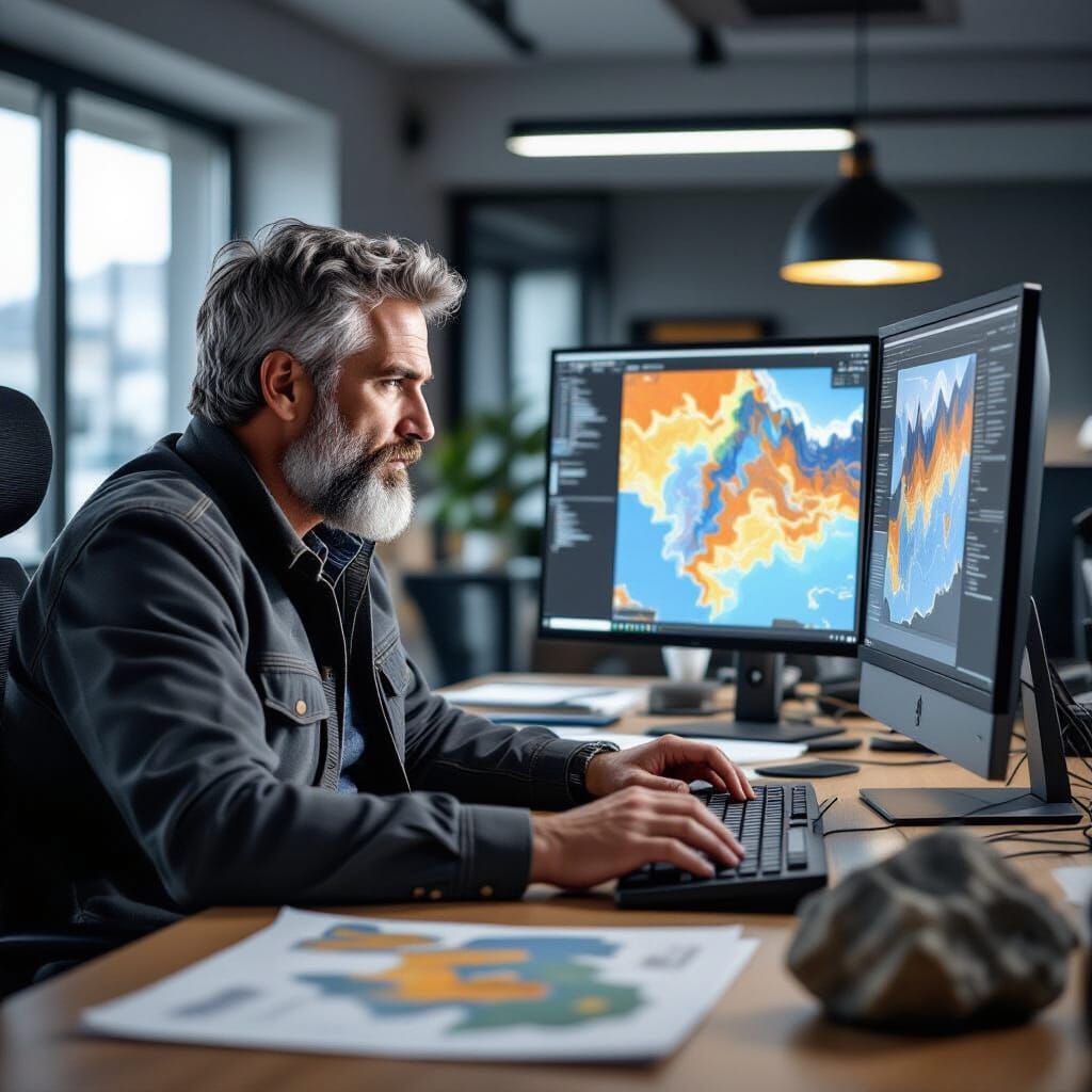 Italian Geologist Analyzing Maps in Office
