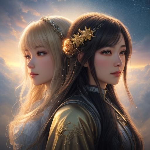 Ethereal Anime Girls in Space: A Yin and Yang Portrait