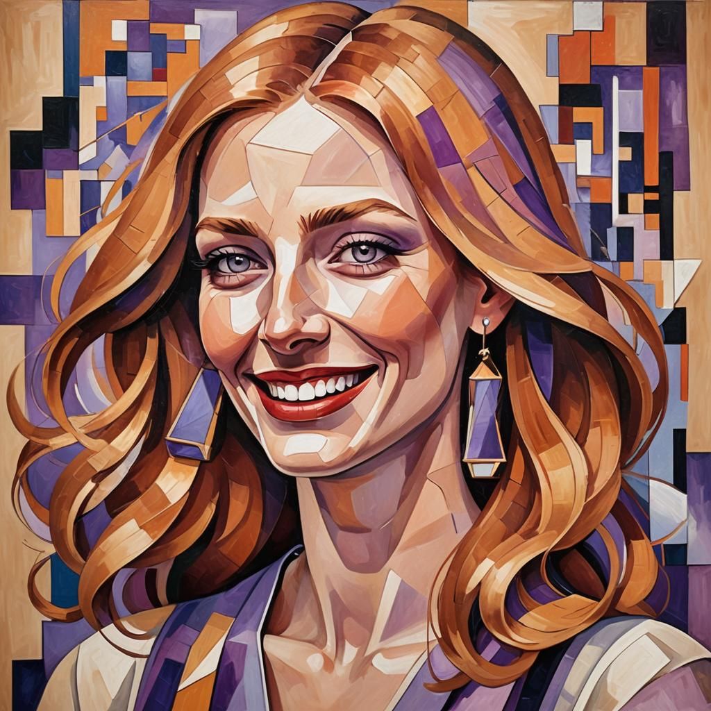 Laughing Woman with Violet Eyes in Cubist Style