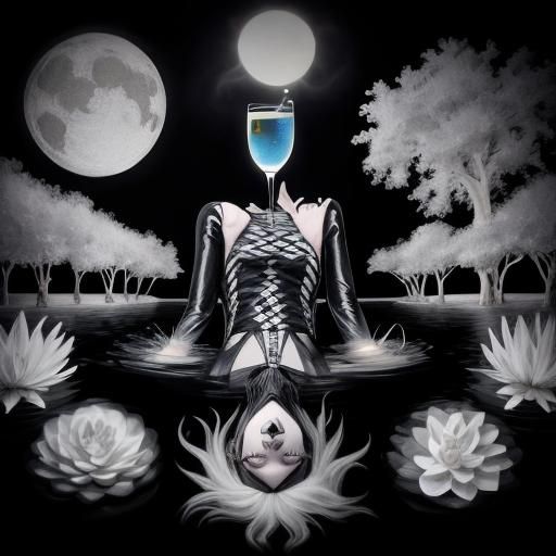 Goth girl swimming in lemonade, photorealistic