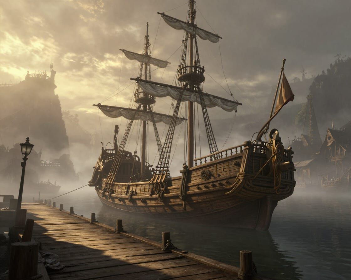 Ancient Ship in Foggy Medieval Harbor, Digital Matte Paintin...