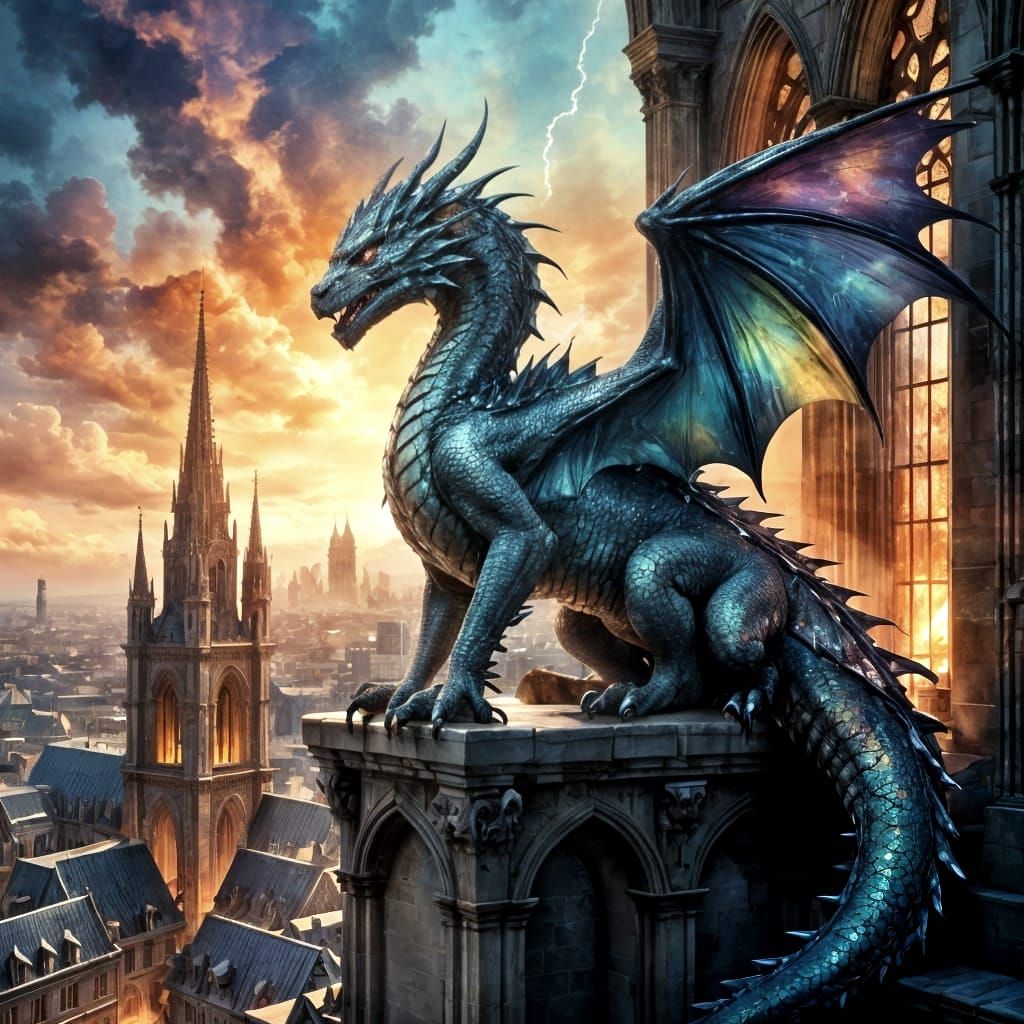 Dragon Over Gothic Cityscape in Watercolor Style