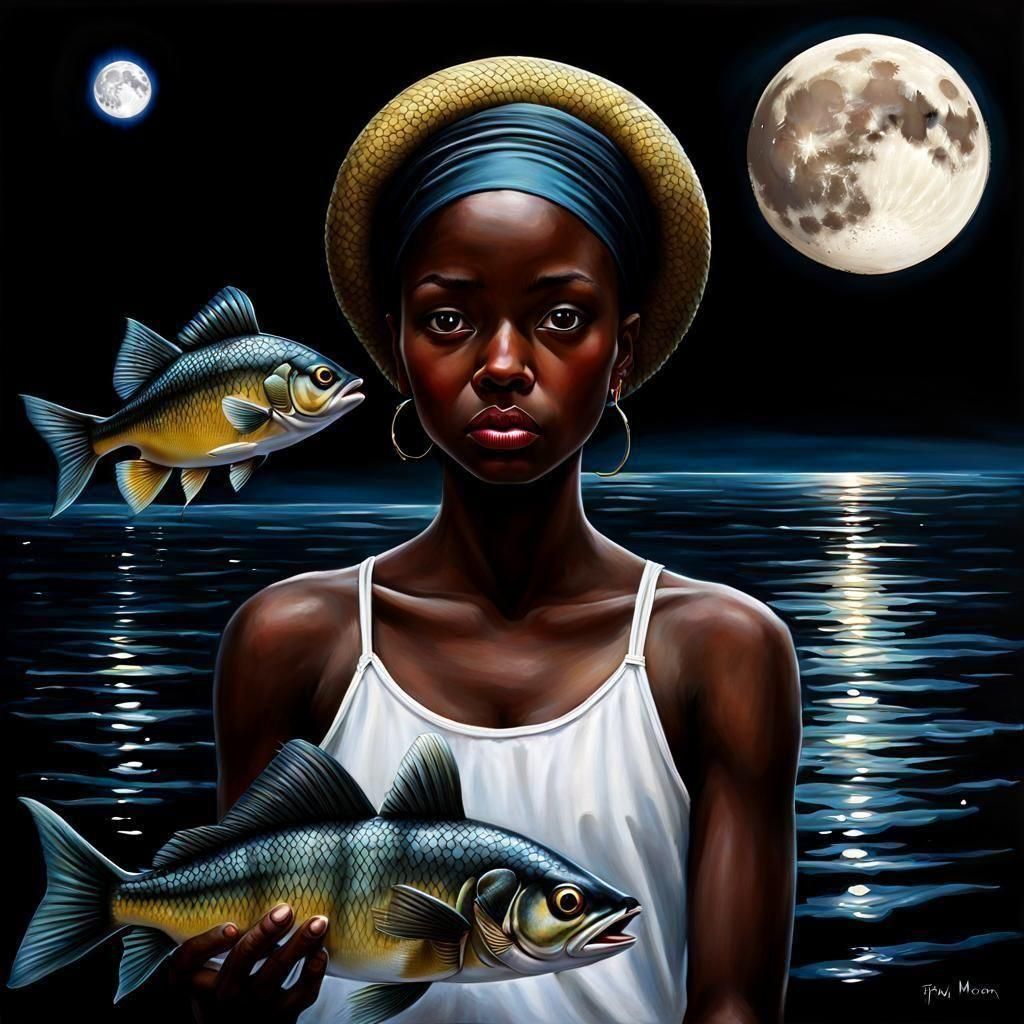 Surreal Black Massurealist Fishy Moon