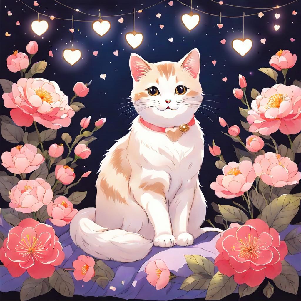 Cute Cat Surrounded by Flowers in Anime Style