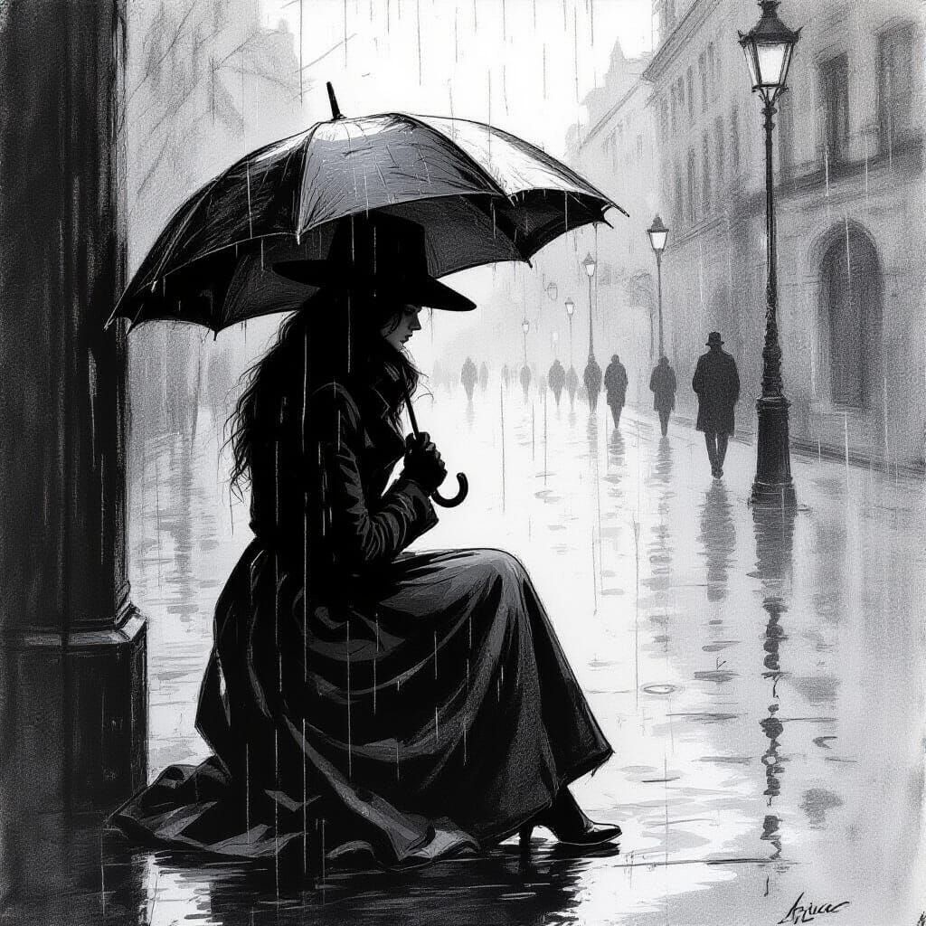 Melancholy Woman in Rain, Pen and Ink Drawing