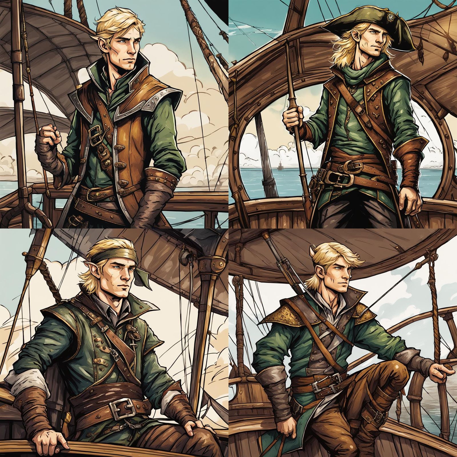 Half-Elf Archer on Airship Deck, Fantasy Illustration