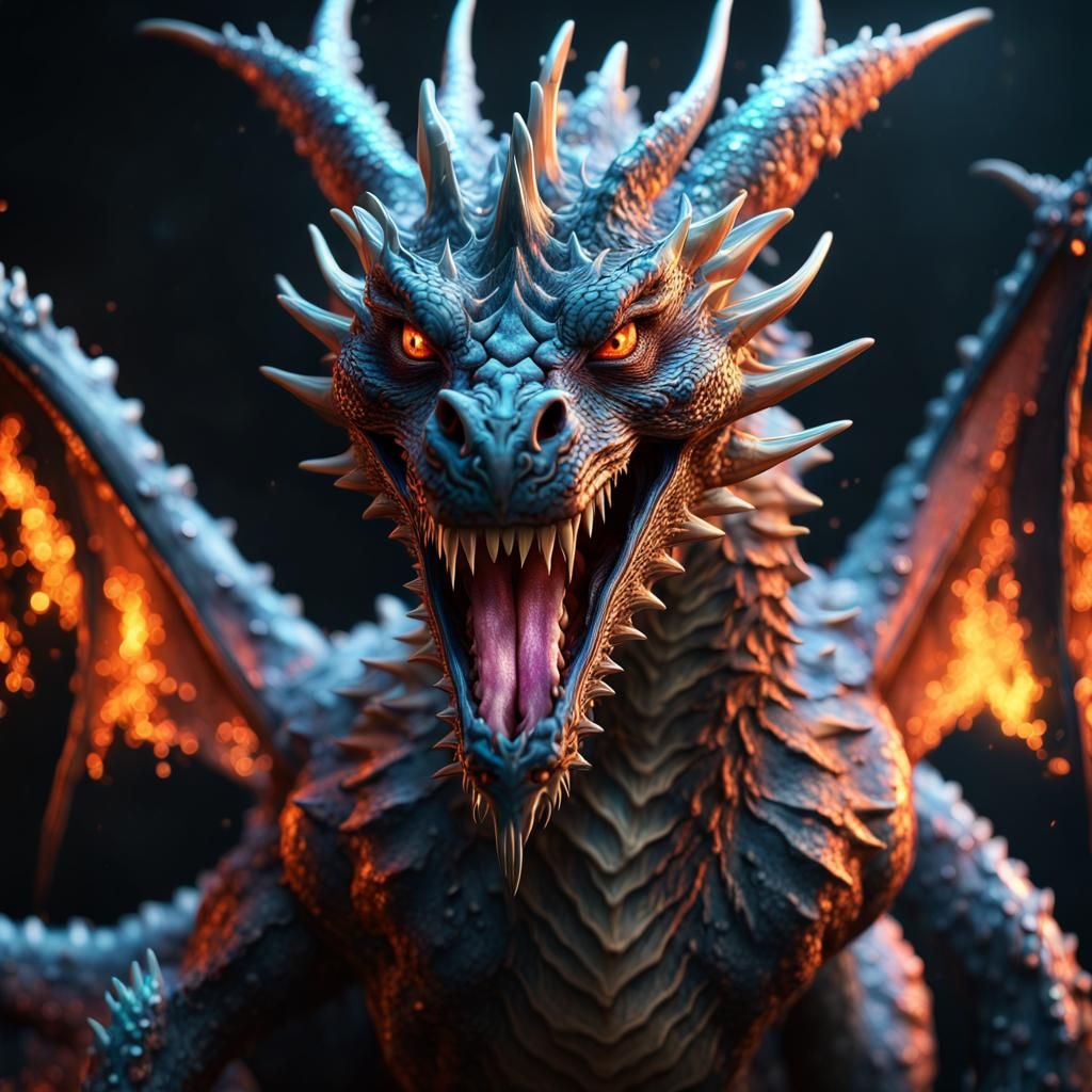 Detailed Snarling Dragon in Bioluminescent Star Explosion