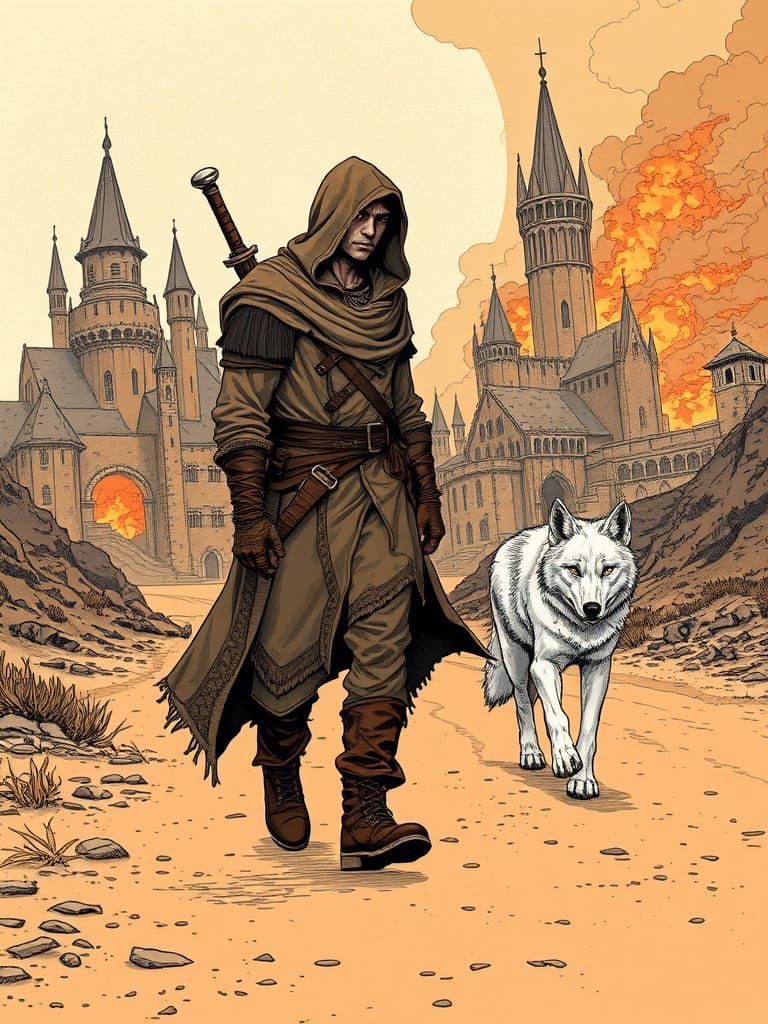 Warrior and Wolf Amidst Medieval Ruins in Moebius-Inspired A...