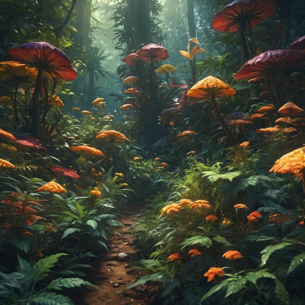 Glowing Marijuana Plants in Lush Forest