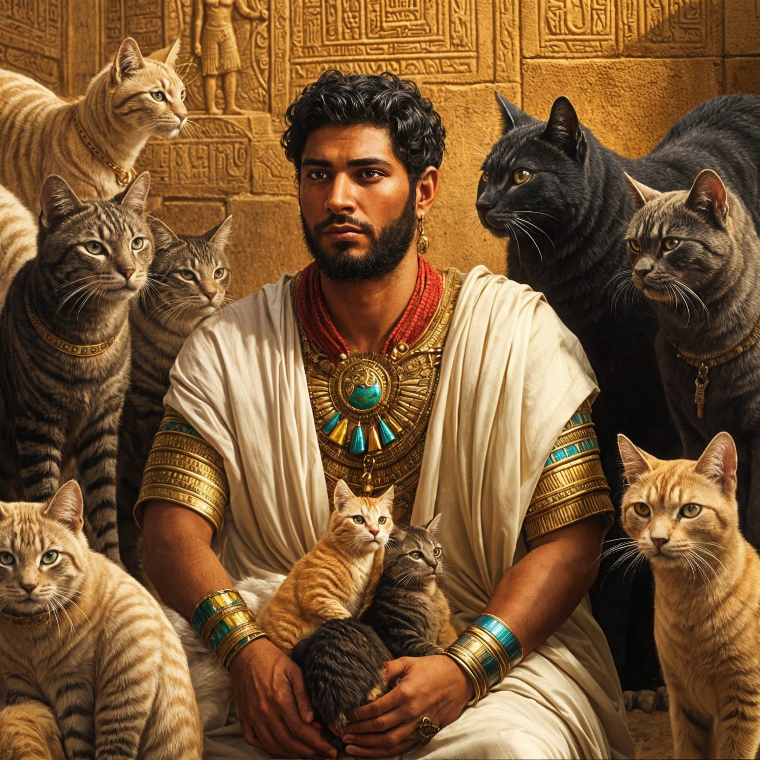 Egyptian Man with Cats in Hyperrealistic Digital Art