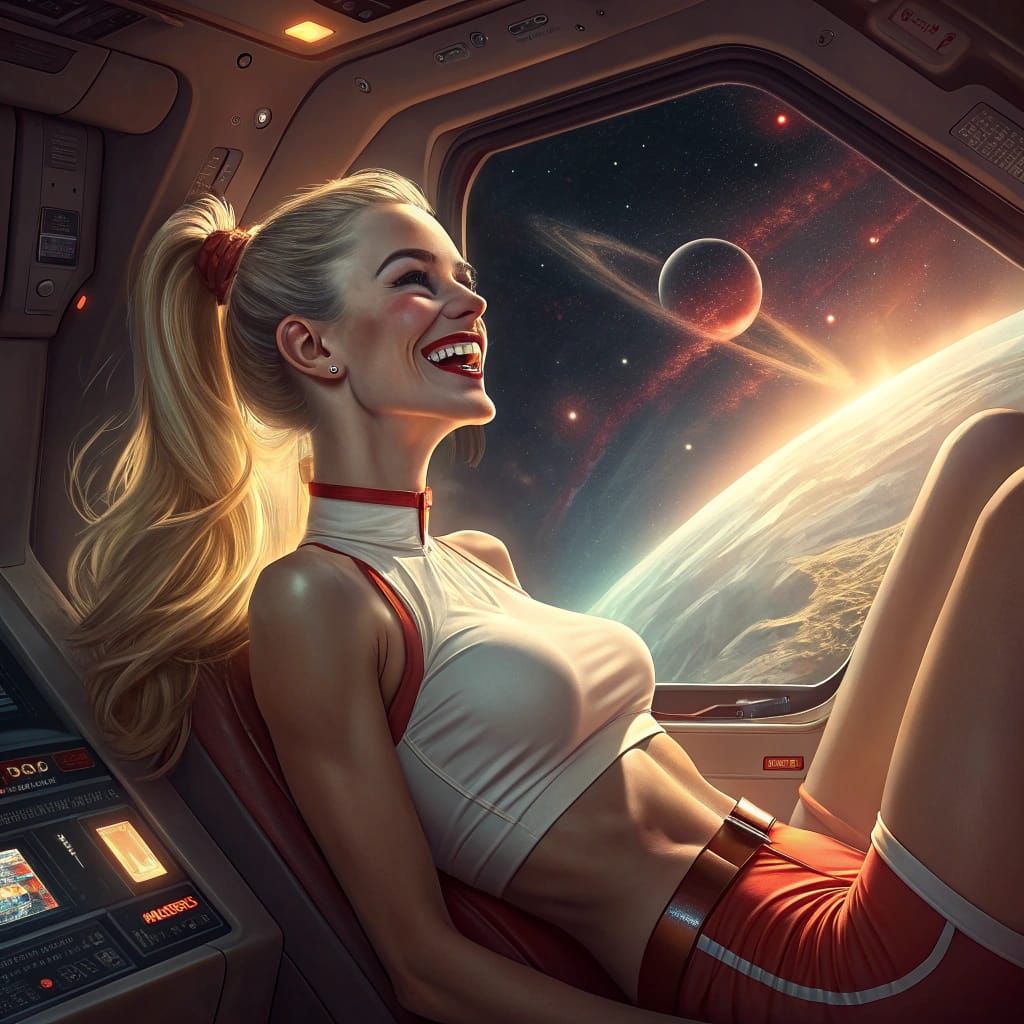 Blonde Pleiadian Woman Relaxing in Futuristic Spaceship Cock...