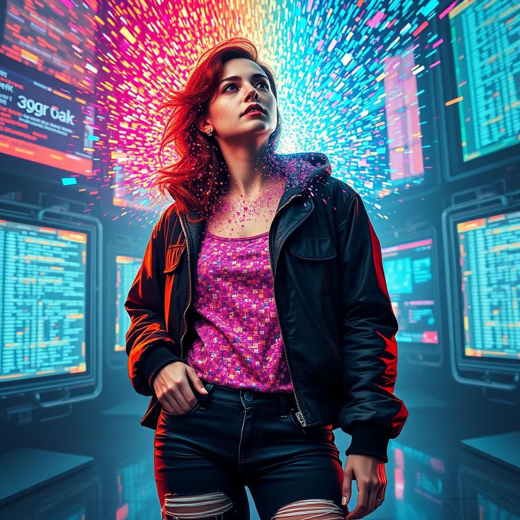 Woman's Body Dissolves into Pixels in Digital World