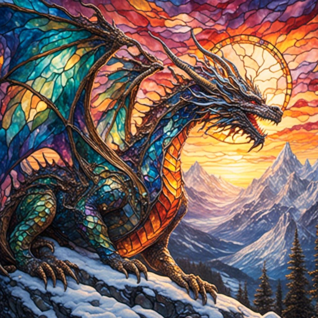 Majestic Dragon on Snowy Peak in Oil Painting Style