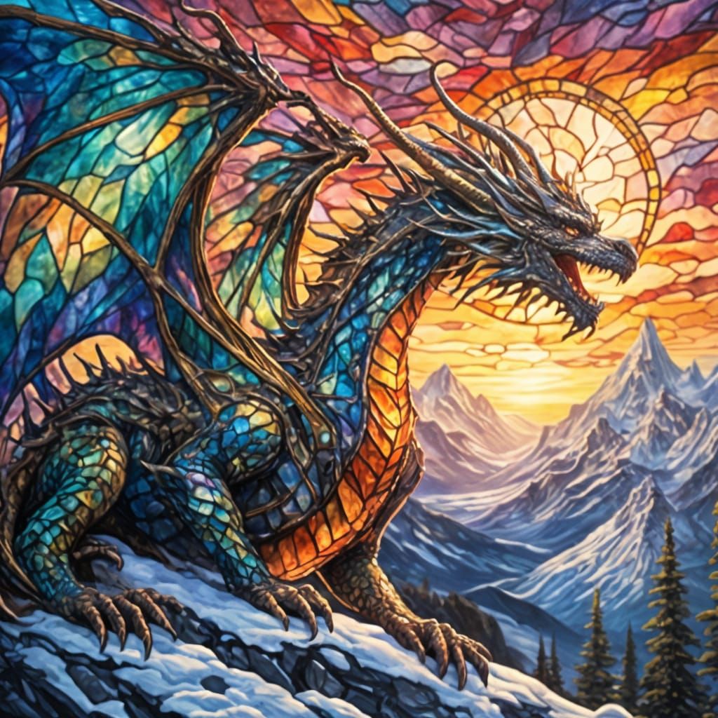 Epic Fantasy Dragon in Stained Glass Style