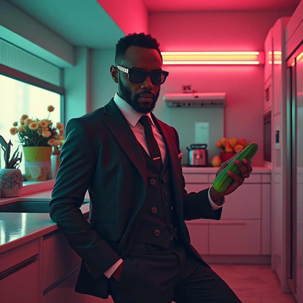 Rapper in Futuristic Kitchen with Cucumber
