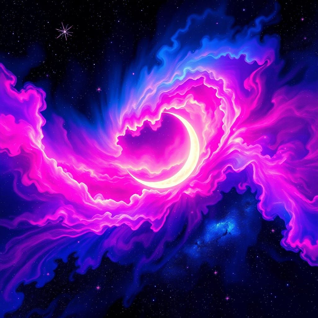 Iridescent Nebula with Crescent Moon: Holographic Illustrati...