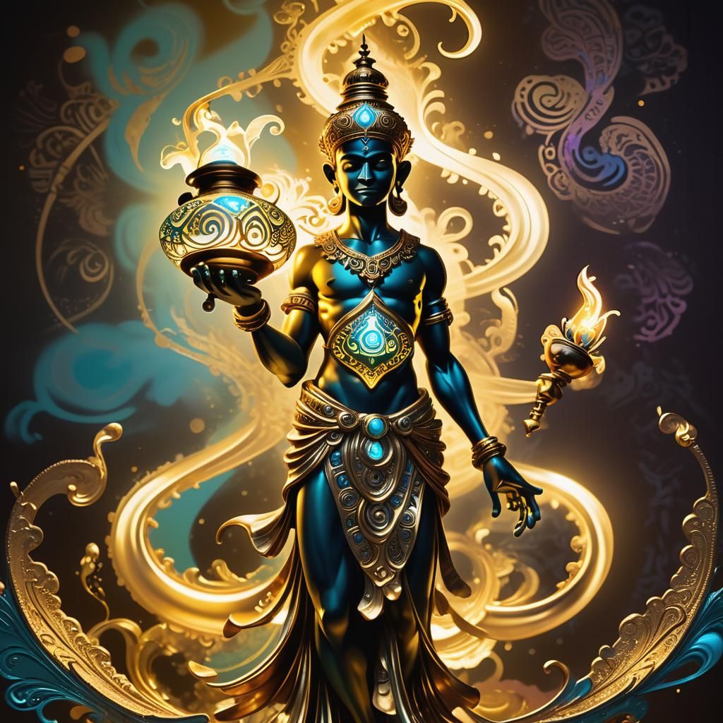 Bioluminescent Genie Entwined on Ornate Golden Lamp