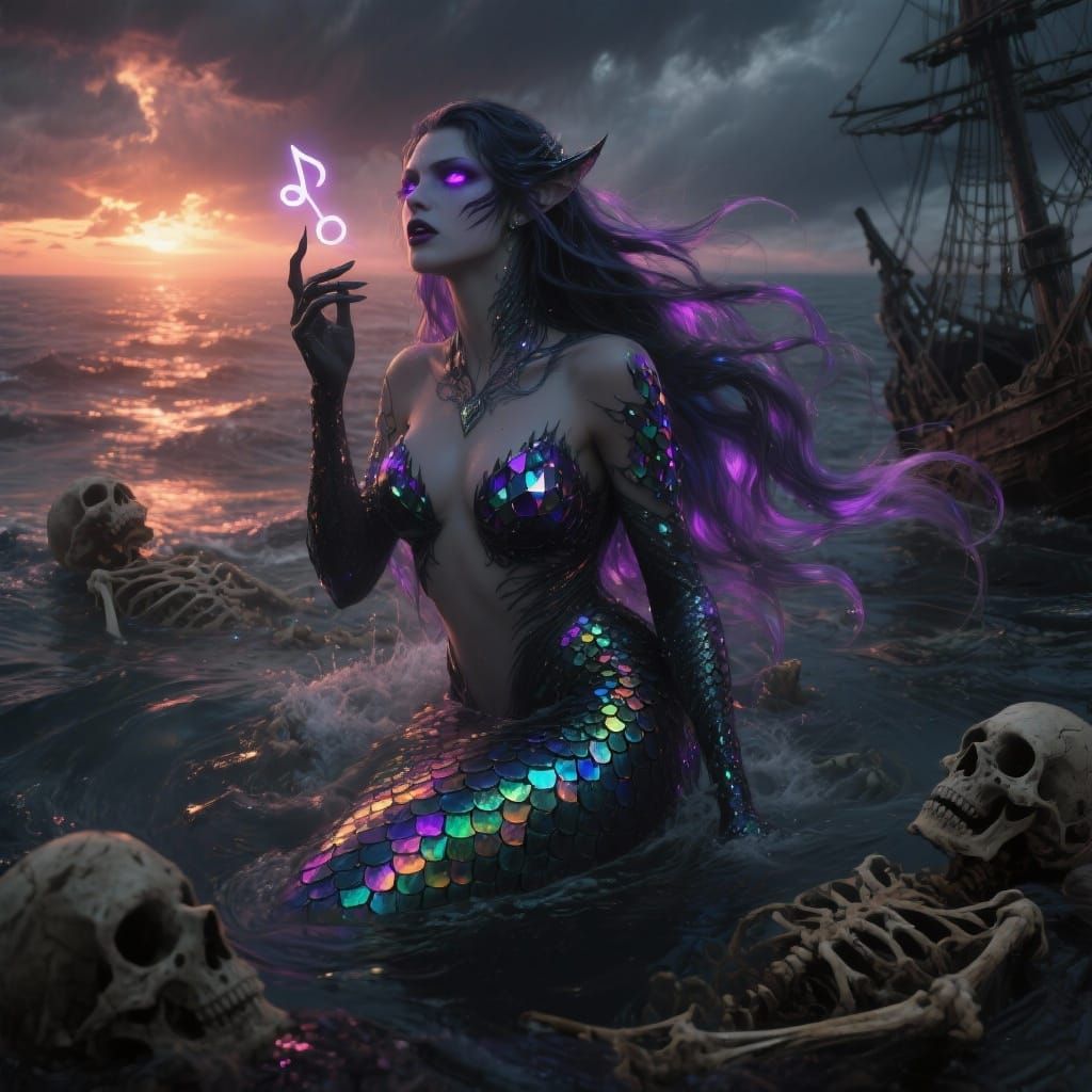 Mysterious Mermaid Emerges from Stormy Ocean Sunset