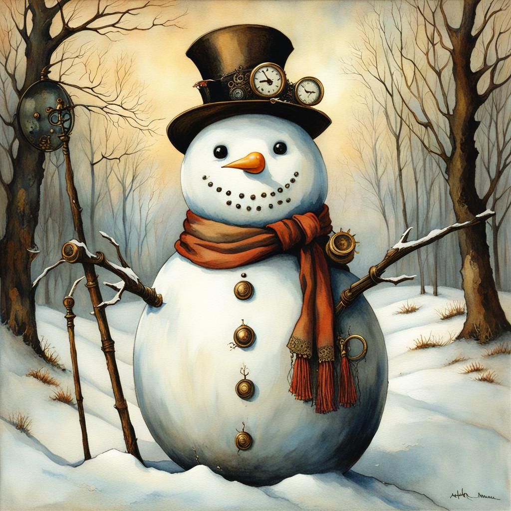Steampunk Snowman in Watercolor Style