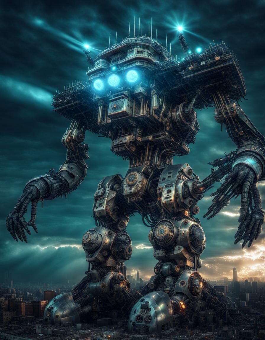 Apocalyptic Mecha Colossus in Electronic Aura