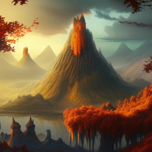 Surreal Autumn Landscape with Castle and Volcano