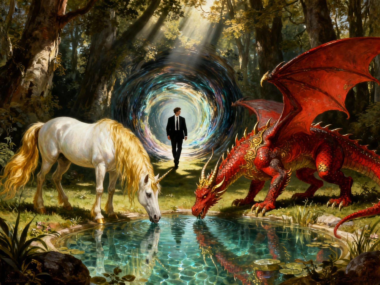 Wanderer Enters Magical Forest with Unicorn and Dragon