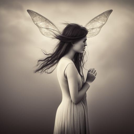 Fey Girl Portrait with Fairy Wings in Ambient Light