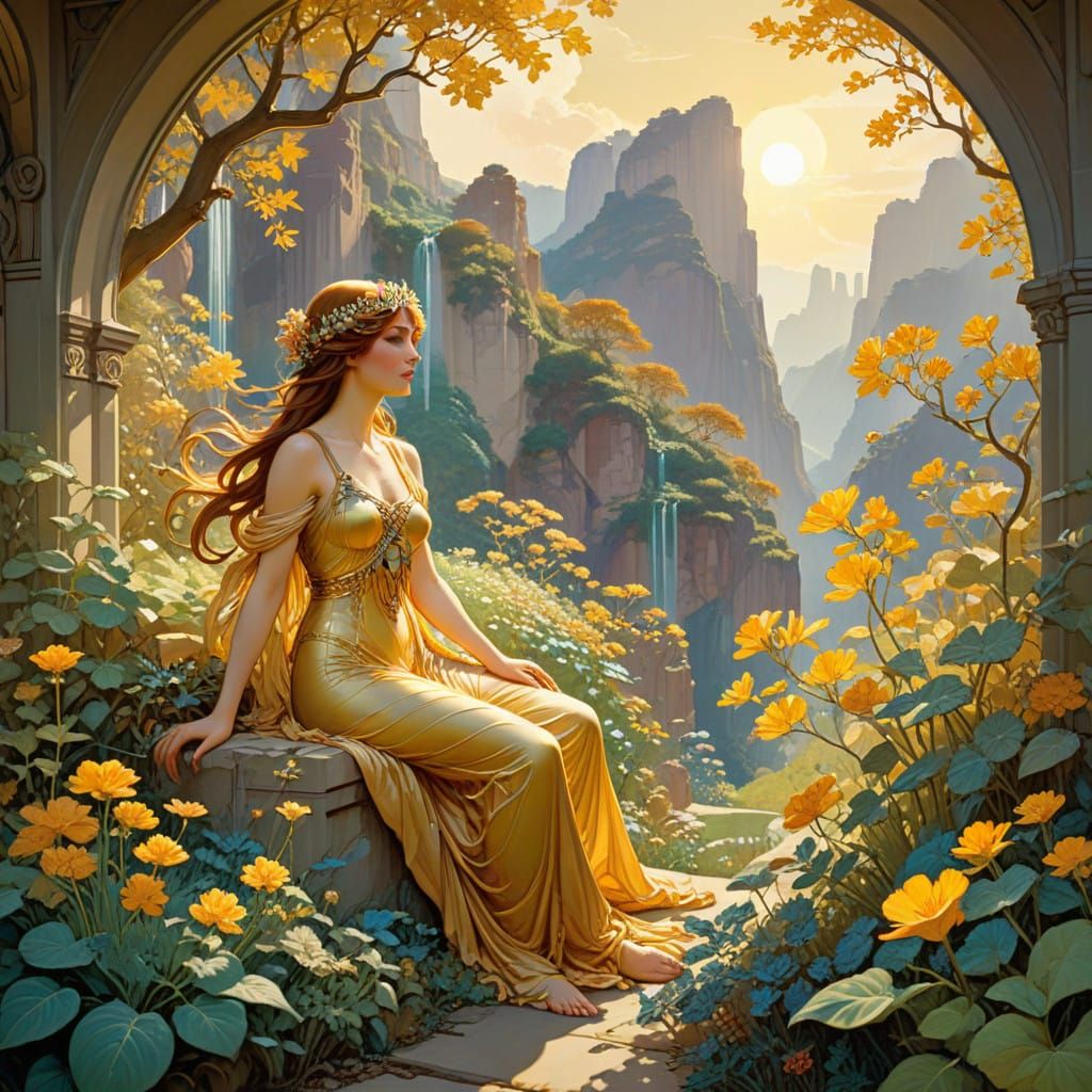 Ethereal Art Nouveau Garden Scene with Majestic Canyons