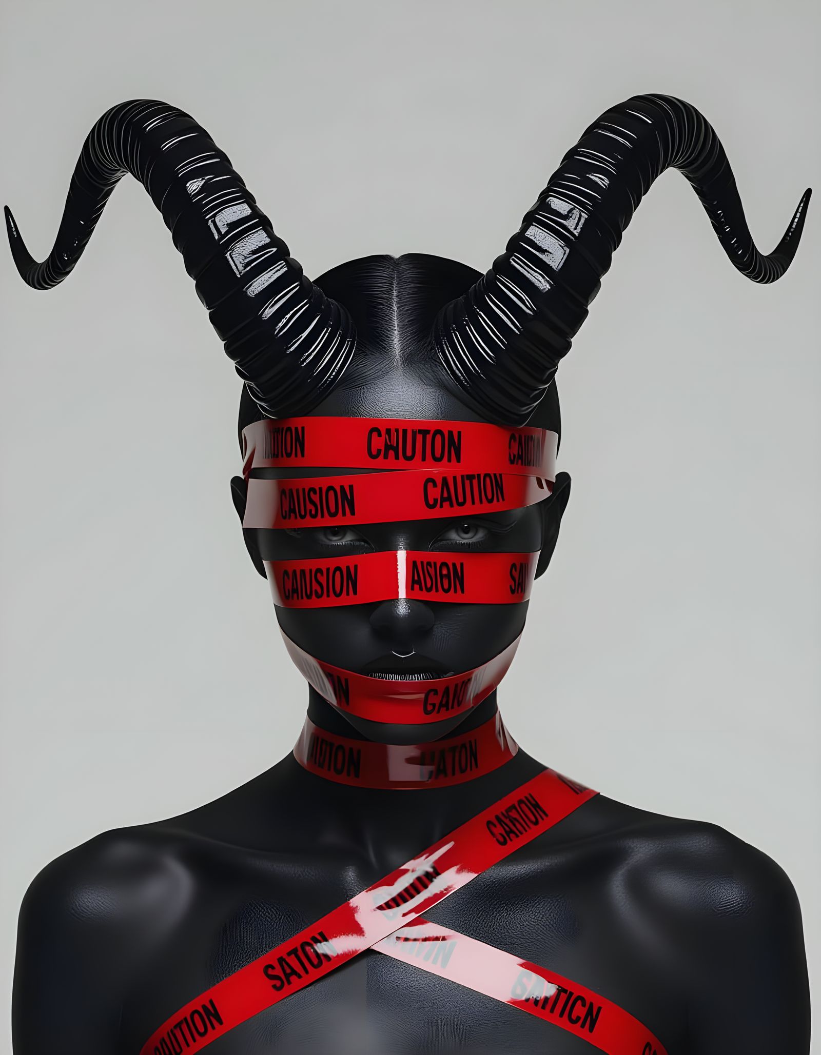 Surreal Humanoid Portrait with Caution Tape Mask