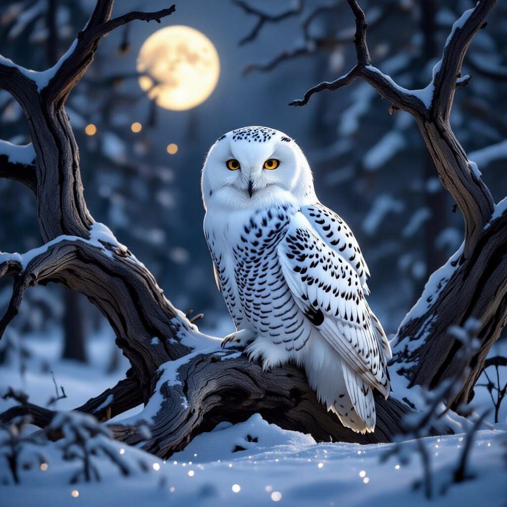 Snowy Owl in Moonlit Winter Forest